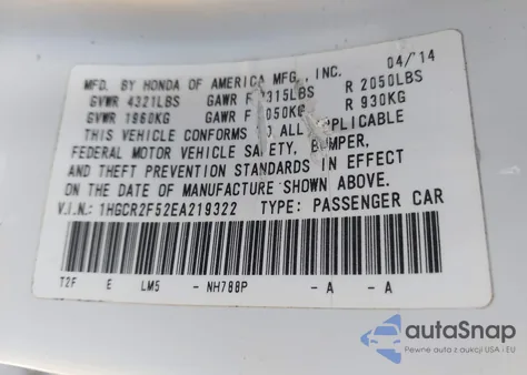 2014 Honda Accord Sport z USA, uszkodzony, nr VIN 1HGCR2F52EA219322